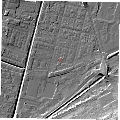 Shaded relief map of the ground around LN57XD, computed from Environment Agency LiDAR. The ground here sits at about 5 m above sea level and falls 18 m across the surrounding 800 m. Surface water reaching this point runs off ground lying to the east, 1.7 m higher.