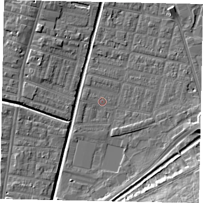 Shaded relief map of the ground around LN57XE, computed from Environment Agency LiDAR. The ground here sits at about 5 m above sea level and falls 13 m across the surrounding 800 m. Surface water reaching this point runs off ground lying to the west, 1.1 m higher.
