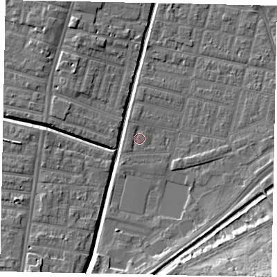 Shaded relief map of the ground around LN57XF, computed from Environment Agency LiDAR. The ground here sits at about 5 m above sea level and falls 14 m across the surrounding 800 m. Surface water reaching this point runs off ground lying to the west-north-west, 0.9 m higher.