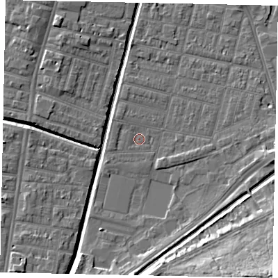 Shaded relief map of the ground around LN57XG, computed from Environment Agency LiDAR. The ground here sits at about 5 m above sea level and falls 16 m across the surrounding 800 m. Surface water reaching this point runs off ground lying to the west-north-west, 0.6 m higher.