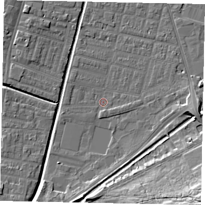 Shaded relief map of the ground around LN57XH, computed from Environment Agency LiDAR. The ground here sits at about 5 m above sea level and falls 20 m across the surrounding 800 m. Surface water reaching this point runs off ground lying to the south-east, 16.5 m higher.