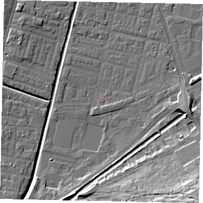 Shaded relief map of the ground around LN57XJ, computed from Environment Agency LiDAR. The ground here sits at about 5 m above sea level and falls 21 m across the surrounding 800 m. Surface water reaching this point runs off ground lying to the south-south-east, 1.0 m higher.