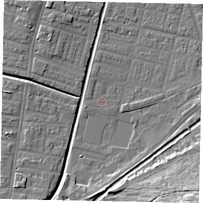 Shaded relief map of the ground around LN57XL, computed from Environment Agency LiDAR. The ground here sits at about 5 m above sea level and falls 18 m across the surrounding 800 m. Surface water reaching this point runs off ground lying to the west-south-west, 0.8 m higher.