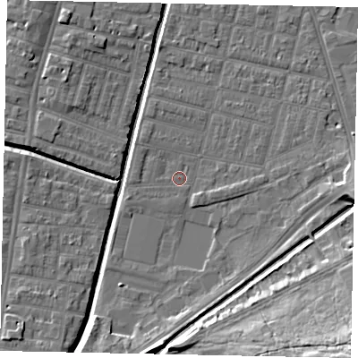 Shaded relief map of the ground around LN57XN, computed from Environment Agency LiDAR. The ground here sits at about 5 m above sea level and falls 18 m across the surrounding 800 m. Surface water reaching this point runs off ground lying to the west-south-west, 1.1 m higher.