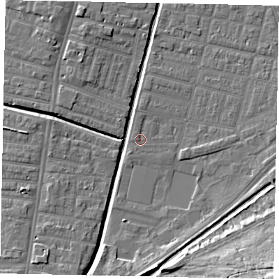 Shaded relief map of the ground around LN57XP, computed from Environment Agency LiDAR. The ground here sits at about 5 m above sea level and falls 16 m across the surrounding 800 m. Surface water reaching this point runs off ground lying to the north-north-west, 0.8 m higher.
