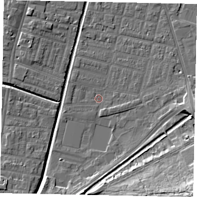 Shaded relief map of the ground around LN57XQ, computed from Environment Agency LiDAR. The ground here sits at about 5 m above sea level and falls 18 m across the surrounding 800 m. Surface water reaching this point runs off ground lying to the south-east, 15.6 m higher.