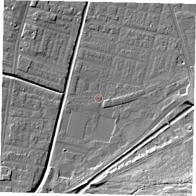 Shaded relief map of the ground around LN57XR, computed from Environment Agency LiDAR. The ground here sits at about 5 m above sea level and falls 20 m across the surrounding 800 m. Surface water reaching this point runs off ground lying to the south, 7.7 m higher.