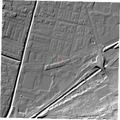 Shaded relief map of the ground around LN57XS, computed from Environment Agency LiDAR. The ground here sits at about 5 m above sea level and falls 22 m across the surrounding 800 m. Surface water reaching this point runs off ground lying to the south-west, 1.1 m higher.