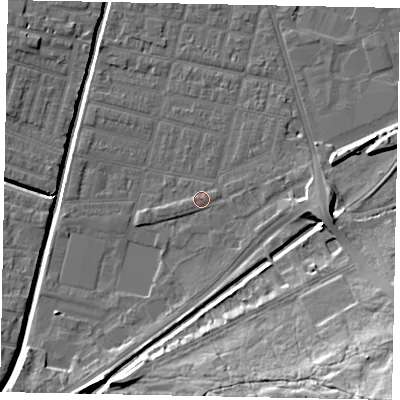 Shaded relief map of the ground around LN57XT, computed from Environment Agency LiDAR. The ground here sits at about 5 m above sea level and falls 25 m across the surrounding 800 m. Surface water reaching this point runs off ground lying to the south-east, 21.9 m higher.