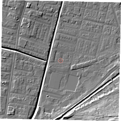 Shaded relief map of the ground around LN57XW, computed from Environment Agency LiDAR. The ground here sits at about 5 m above sea level and falls 17 m across the surrounding 800 m. Surface water reaching this point runs off ground lying to the west, 0.7 m higher.