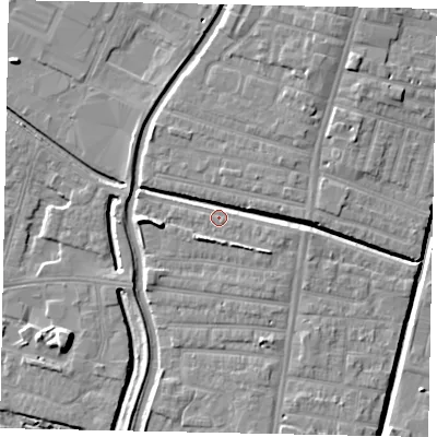 Shaded relief map of the ground around LN57XZ, computed from Environment Agency LiDAR. The ground here sits at about 6 m above sea level and falls 7 m across the surrounding 800 m. Surface water reaching this point runs off ground lying to the south-south-east, 5.7 m higher.