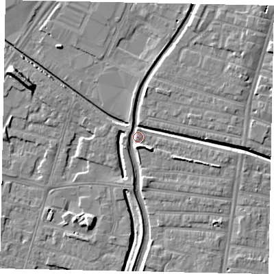 Shaded relief map of the ground around LN57YA, computed from Environment Agency LiDAR. The ground here sits at about 6 m above sea level and falls 8 m across the surrounding 800 m. Surface water reaching this point runs off ground lying to the south-south-east, 5.0 m higher.