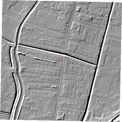 Shaded relief map of the ground around LN58AA, computed from Environment Agency LiDAR. The ground here sits at about 6 m above sea level and falls 10 m across the surrounding 800 m. Surface water reaching this point runs off ground lying to the west-south-west, 1.2 m higher.