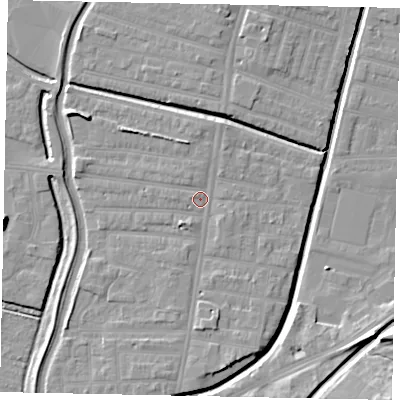 Shaded relief map of the ground around LN58AH, computed from Environment Agency LiDAR. The ground here sits at about 6 m above sea level and falls 11 m across the surrounding 800 m. Surface water reaching this point runs off ground lying to the south, 2.7 m higher.