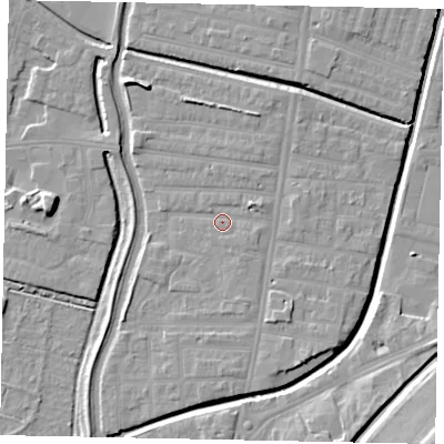 Shaded relief map of the ground around LN58AU, computed from Environment Agency LiDAR. The ground here sits at about 6 m above sea level and falls 12 m across the surrounding 800 m. Surface water reaching this point runs off ground lying to the east-north-east, 2.4 m higher.