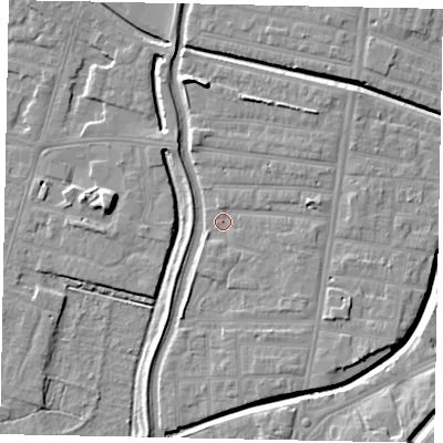Shaded relief map of the ground around LN58AX, computed from Environment Agency LiDAR. The ground here sits at about 5 m above sea level and falls 8 m across the surrounding 800 m. Surface water reaching this point runs off ground lying to the east-north-east, 2.5 m higher.