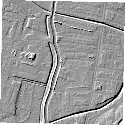 Shaded relief map of the ground around LN58AY, computed from Environment Agency LiDAR. The ground here sits at about 5 m above sea level and falls 8 m across the surrounding 800 m. Surface water reaching this point runs off ground lying to the east-north-east, 3.4 m higher.