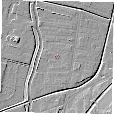 Shaded relief map of the ground around LN58AZ, computed from Environment Agency LiDAR. The ground here sits at about 6 m above sea level and falls 13 m across the surrounding 800 m. Surface water reaching this point runs off ground lying to the south-east, 1.3 m higher.