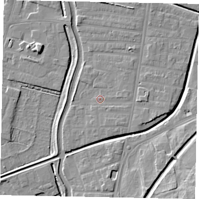Shaded relief map of the ground around LN58BA, computed from Environment Agency LiDAR. The ground here sits at about 6 m above sea level and falls 14 m across the surrounding 800 m. Surface water reaching this point runs off ground lying to the east-south-east, 1.5 m higher.