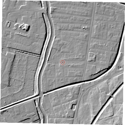 Shaded relief map of the ground around LN58BB, computed from Environment Agency LiDAR. The ground here sits at about 6 m above sea level and falls 14 m across the surrounding 800 m. Surface water reaching this point runs off ground lying to the east-south-east, 1.8 m higher.