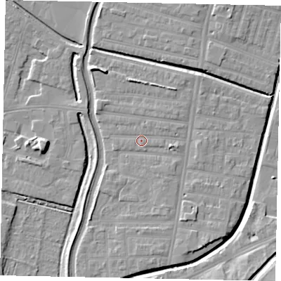 Shaded relief map of the ground around LN58BH, computed from Environment Agency LiDAR. The ground here sits at about 6 m above sea level and falls 8 m across the surrounding 800 m. Surface water reaching this point runs off ground lying to the east-north-east, 1.1 m higher.