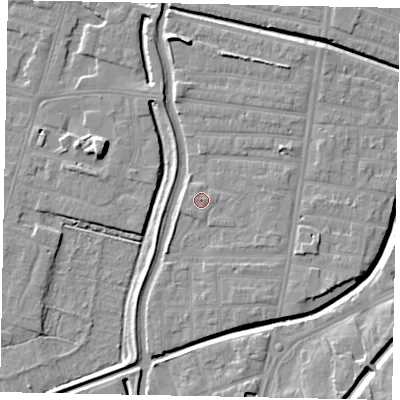 Shaded relief map of the ground around LN58BJ, computed from Environment Agency LiDAR. The ground here sits at about 6 m above sea level and falls 10 m across the surrounding 800 m. Surface water reaching this point runs off ground lying to the east, 0.6 m higher.