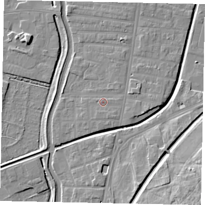 Shaded relief map of the ground around LN58BS, computed from Environment Agency LiDAR. The ground here sits at about 7 m above sea level and falls 16 m across the surrounding 800 m. Surface water reaching this point runs off ground lying to the south-south-east, 1.1 m higher.