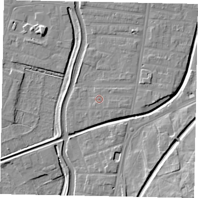 Shaded relief map of the ground around LN58BT, computed from Environment Agency LiDAR. The ground here sits at about 6 m above sea level and falls 15 m across the surrounding 800 m. Surface water reaching this point runs off ground lying to the east-south-east, 1.8 m higher.