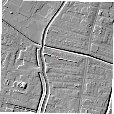 Shaded relief map of the ground around LN58BX, computed from Environment Agency LiDAR. The ground here sits at about 6 m above sea level and falls 7 m across the surrounding 800 m. Surface water reaching this point runs off ground lying to the east-south-east, 2.3 m higher.