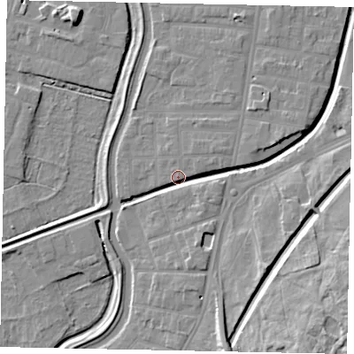 Shaded relief map of the ground around LN58BZ, computed from Environment Agency LiDAR. The ground here sits at about 6 m above sea level and falls 16 m across the surrounding 800 m. Surface water reaching this point runs off ground lying to the south, 5.3 m higher.