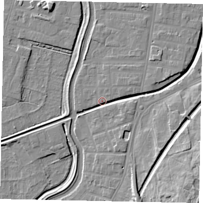 Shaded relief map of the ground around LN58DA, computed from Environment Agency LiDAR. The ground here sits at about 6 m above sea level and falls 15 m across the surrounding 800 m. Surface water reaching this point runs off ground lying to the south-south-east, 5.3 m higher.