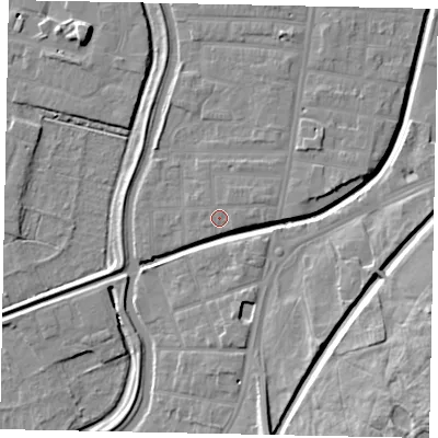 Shaded relief map of the ground around LN58DB, computed from Environment Agency LiDAR. The ground here sits at about 6 m above sea level and falls 16 m across the surrounding 800 m. Surface water reaching this point runs off ground lying to the east-north-east, 1.5 m higher.