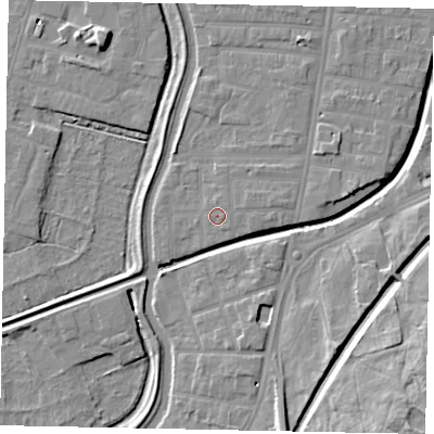 Shaded relief map of the ground around LN58DD, computed from Environment Agency LiDAR. The ground here sits at about 6 m above sea level and falls 15 m across the surrounding 800 m. Surface water reaching this point runs off ground lying to the east, 0.6 m higher.