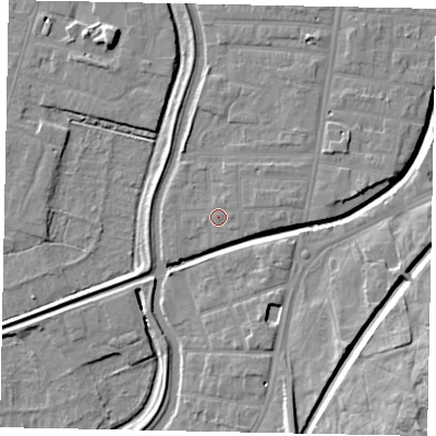 Shaded relief map of the ground around LN58DE, computed from Environment Agency LiDAR. The ground here sits at about 6 m above sea level and falls 15 m across the surrounding 800 m. Surface water reaching this point runs off ground lying to the east, 0.7 m higher.
