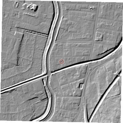 Shaded relief map of the ground around LN58DF, computed from Environment Agency LiDAR. The ground here sits at about 6 m above sea level and falls 14 m across the surrounding 800 m. Surface water reaching this point runs off ground lying to the east-north-east, 1.2 m higher.