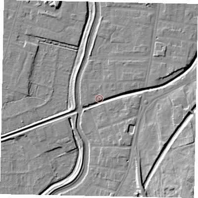 Shaded relief map of the ground around LN58DG, computed from Environment Agency LiDAR. The ground here sits at about 5 m above sea level and falls 16 m across the surrounding 800 m. Surface water reaching this point runs off ground lying to the south-south-east, 10.0 m higher.