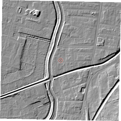 Shaded relief map of the ground around LN58DH, computed from Environment Agency LiDAR. The ground here sits at about 5 m above sea level and falls 14 m across the surrounding 800 m. Surface water reaching this point runs off ground lying to the east, 1.3 m higher.