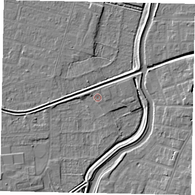 Shaded relief map of the ground around LN58DJ, computed from Environment Agency LiDAR. The ground here sits at about 6 m above sea level and falls 7 m across the surrounding 800 m. Surface water reaching this point runs off ground lying to the south-west, 4.4 m higher.