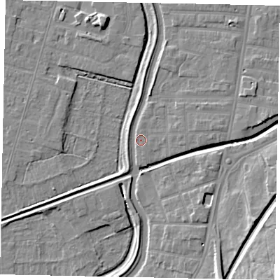 Shaded relief map of the ground around LN58DL, computed from Environment Agency LiDAR. The ground here sits at about 5 m above sea level and falls 13 m across the surrounding 800 m. Surface water reaching this point runs off ground lying to the east-north-east, 3.1 m higher.