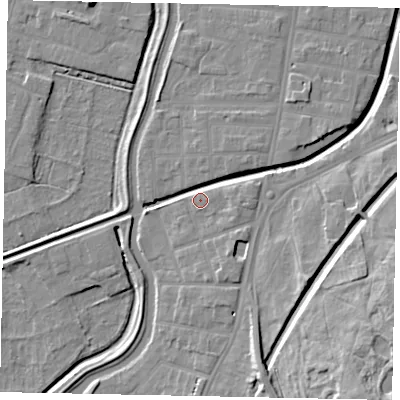 Shaded relief map of the ground around LN58DN, computed from Environment Agency LiDAR. The ground here sits at about 6 m above sea level and falls 17 m across the surrounding 800 m. Surface water reaching this point runs off ground lying to the south-south-east, 10.3 m higher.