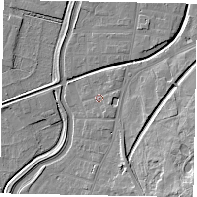 Shaded relief map of the ground around LN58DP, computed from Environment Agency LiDAR. The ground here sits at about 7 m above sea level and falls 22 m across the surrounding 800 m. Surface water reaching this point runs off ground lying to the south-south-east, 2.2 m higher.