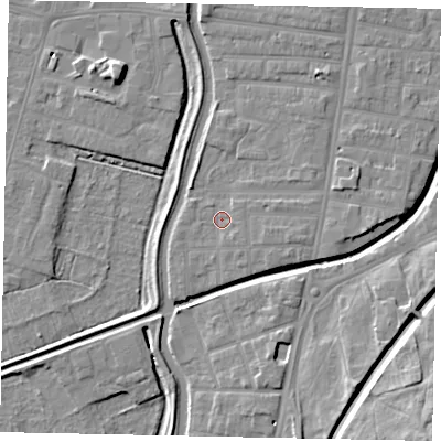 Shaded relief map of the ground around LN58DQ, computed from Environment Agency LiDAR. The ground here sits at about 5 m above sea level and falls 14 m across the surrounding 800 m. Surface water reaching this point runs off ground lying to the east-south-east, 2.2 m higher.
