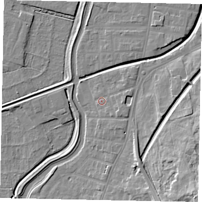 Shaded relief map of the ground around LN58DR, computed from Environment Agency LiDAR. The ground here sits at about 7 m above sea level and falls 20 m across the surrounding 800 m. Surface water reaching this point runs off ground lying to the south-east, 2.2 m higher.