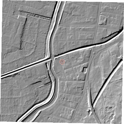 Shaded relief map of the ground around LN58DS, computed from Environment Agency LiDAR. The ground here sits at about 5 m above sea level and falls 16 m across the surrounding 800 m. Surface water reaching this point runs off ground lying to the south-east, 3.2 m higher.