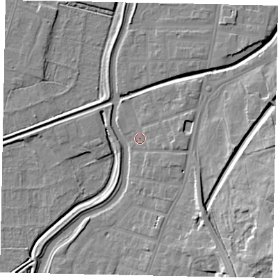 Shaded relief map of the ground around LN58DU, computed from Environment Agency LiDAR. The ground here sits at about 6 m above sea level and falls 18 m across the surrounding 800 m. Surface water reaching this point runs off ground lying to the east-south-east, 1.7 m higher.