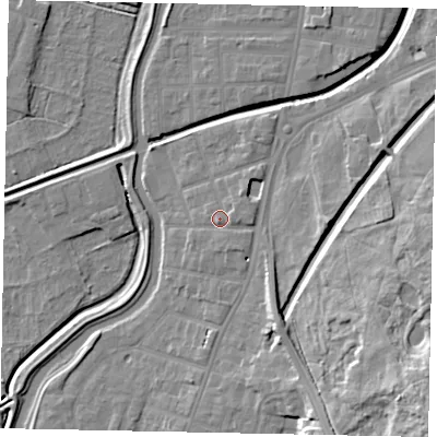 Shaded relief map of the ground around LN58DY, computed from Environment Agency LiDAR. The ground here sits at about 8 m above sea level and falls 22 m across the surrounding 800 m. Surface water reaching this point runs off ground lying to the south-south-east, 1.1 m higher.