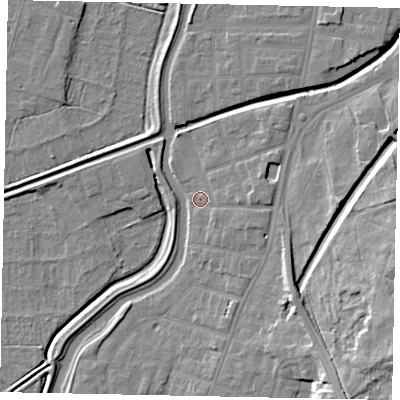 Shaded relief map of the ground around LN58DZ, computed from Environment Agency LiDAR. The ground here sits at about 6 m above sea level and falls 18 m across the surrounding 800 m. Surface water reaching this point runs off ground lying to the east-south-east, 2.6 m higher.