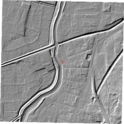 Shaded relief map of the ground around LN58EA, computed from Environment Agency LiDAR. The ground here sits at about 6 m above sea level and falls 17 m across the surrounding 800 m. Surface water reaching this point runs off ground lying to the south-east, 9.1 m higher.