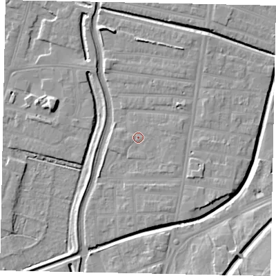 Shaded relief map of the ground around LN58EB, computed from Environment Agency LiDAR. The ground here sits at about 6 m above sea level and falls 11 m across the surrounding 800 m. Surface water reaching this point runs off ground lying to the south-east, 1.5 m higher.