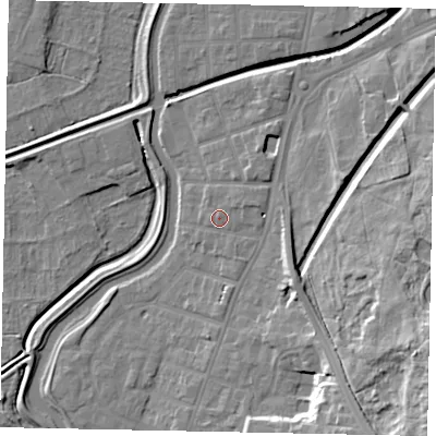 Shaded relief map of the ground around LN58ED, computed from Environment Agency LiDAR. The ground here sits at about 8 m above sea level and falls 22 m across the surrounding 800 m. Surface water reaching this point runs off ground lying to the south-east, 6.5 m higher.